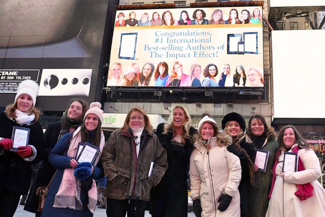 Dr. Karen with fellow authors celebrating The Impact Effect beneath a Times Square billboard